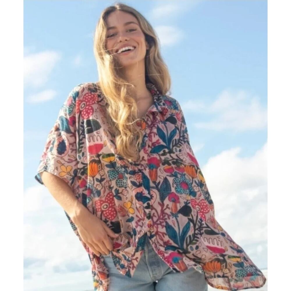 Natural Life Vibrant Floral Button Down Shirt Womens OS Lightweight Oversized